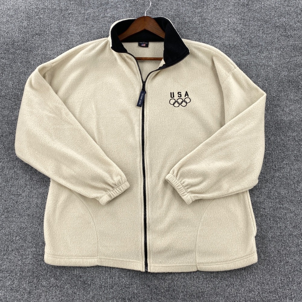 Team USA Fleece Jacket Mens XXL Cream Full Zip Olympic Games Vintage Sporty
